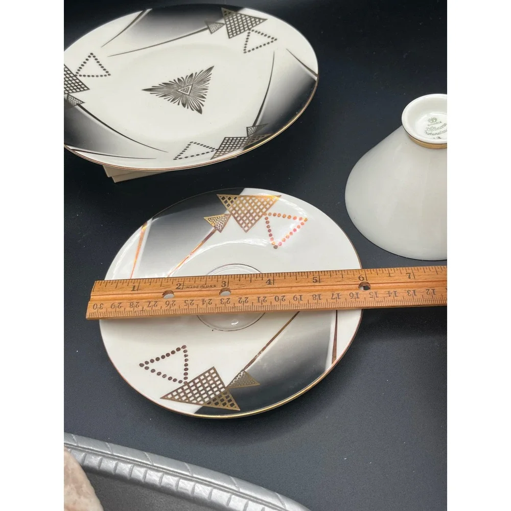 Seltmann Vohenstrauss Bavaria Porcelain Tea cup Set Trio Gold Geometric 3305 MCM